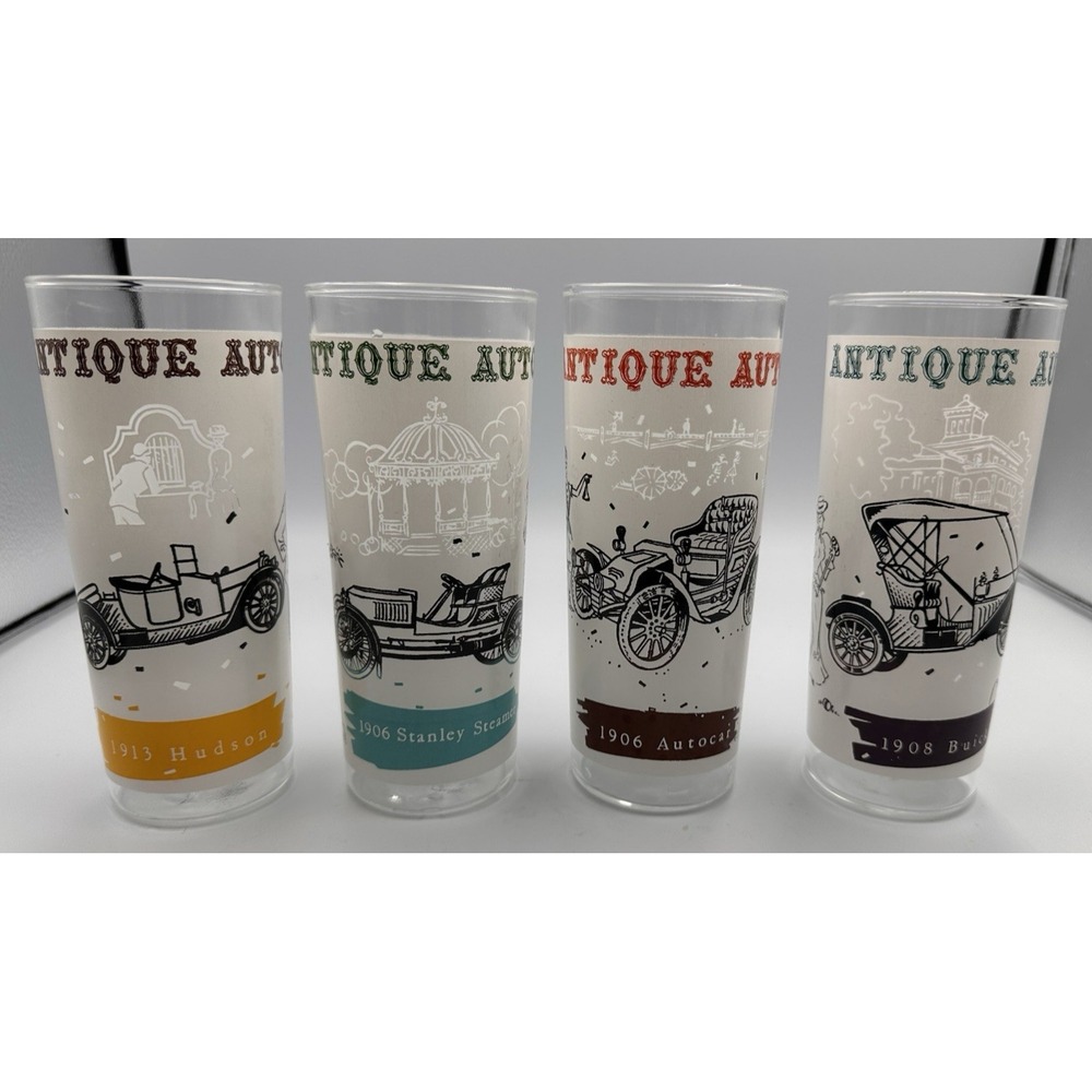 Antique Car Themed Glasses Set of 4 Stanley Steamer Buick Autocar Hudson